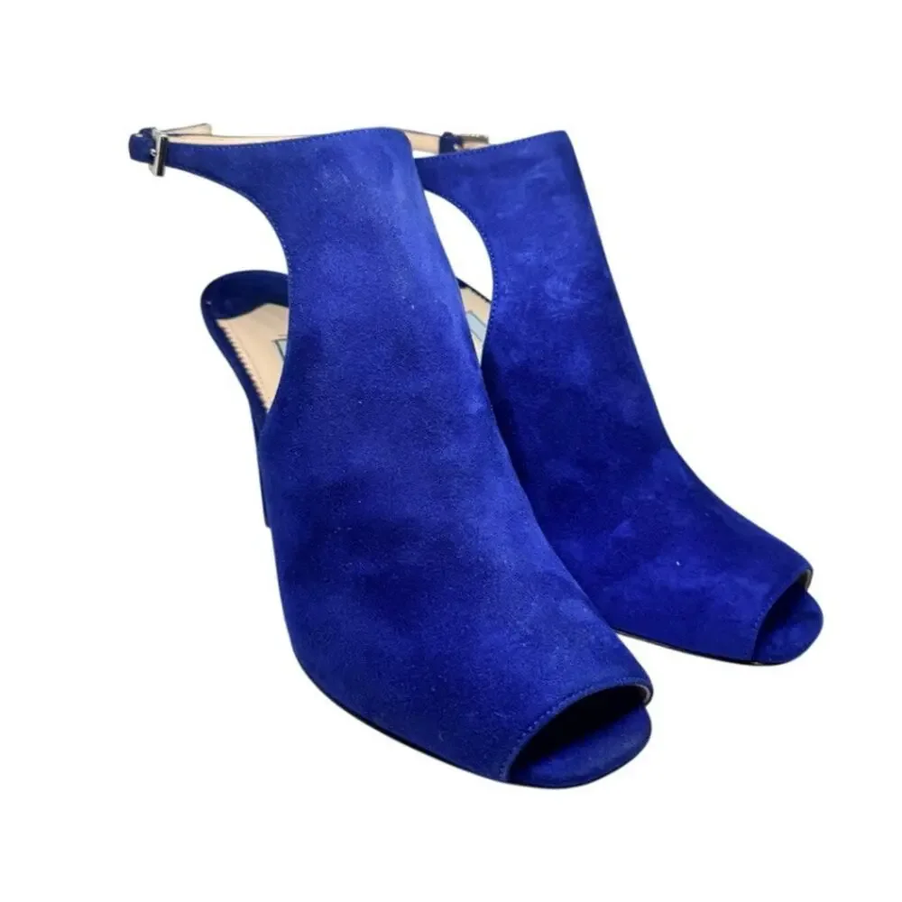 PRADA CAMO SC10 NAVY SUEDE MULE HEELS SIZE 37 ITALY ANKLE STRAP NEW IN BOX